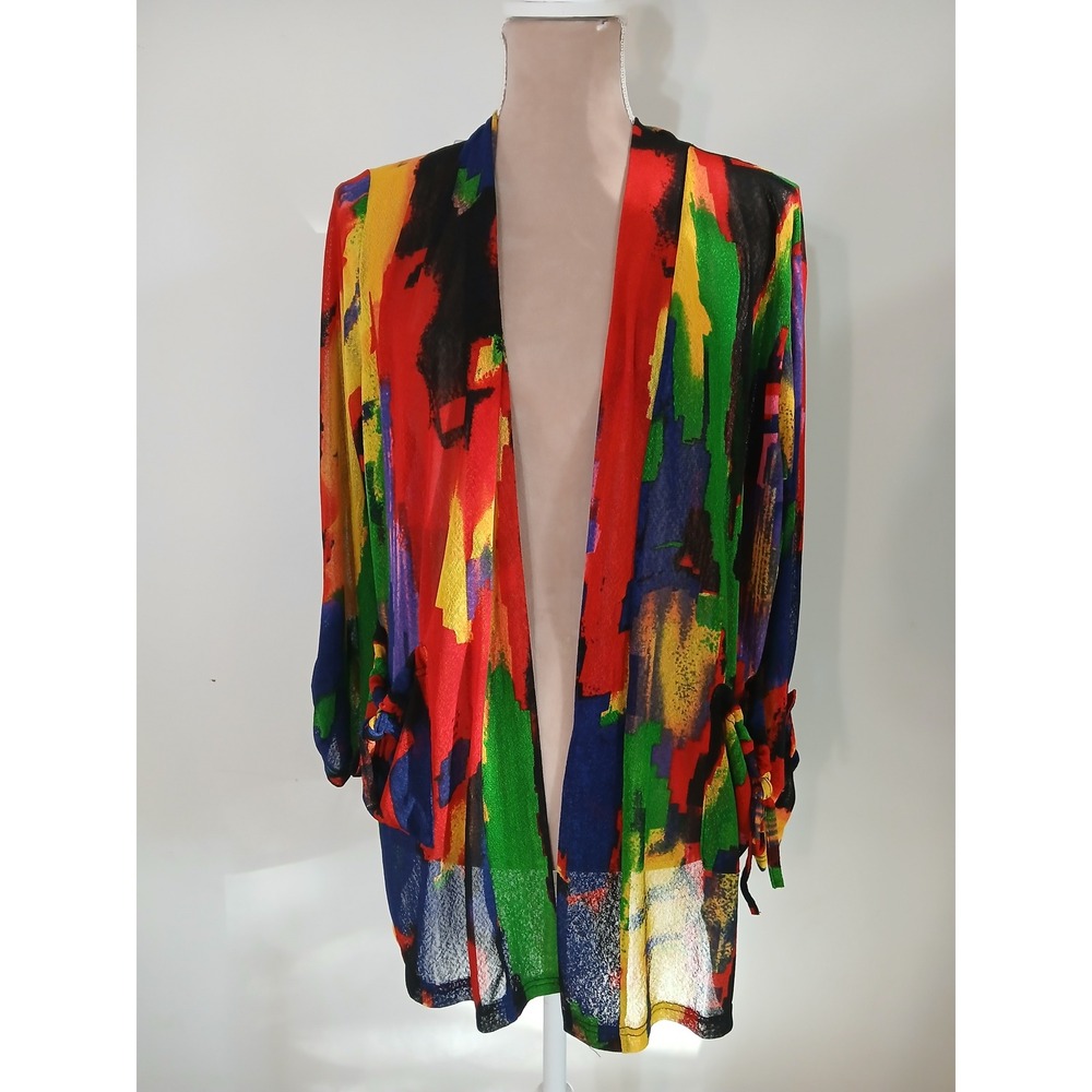 Creation Women PXL Abstract Colorful Mesh Open Front Roll Tab Sleeve Cardigan